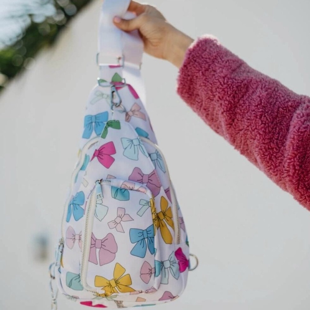NWT Katydid White Crossbody Bag with Colorful Bow Print
